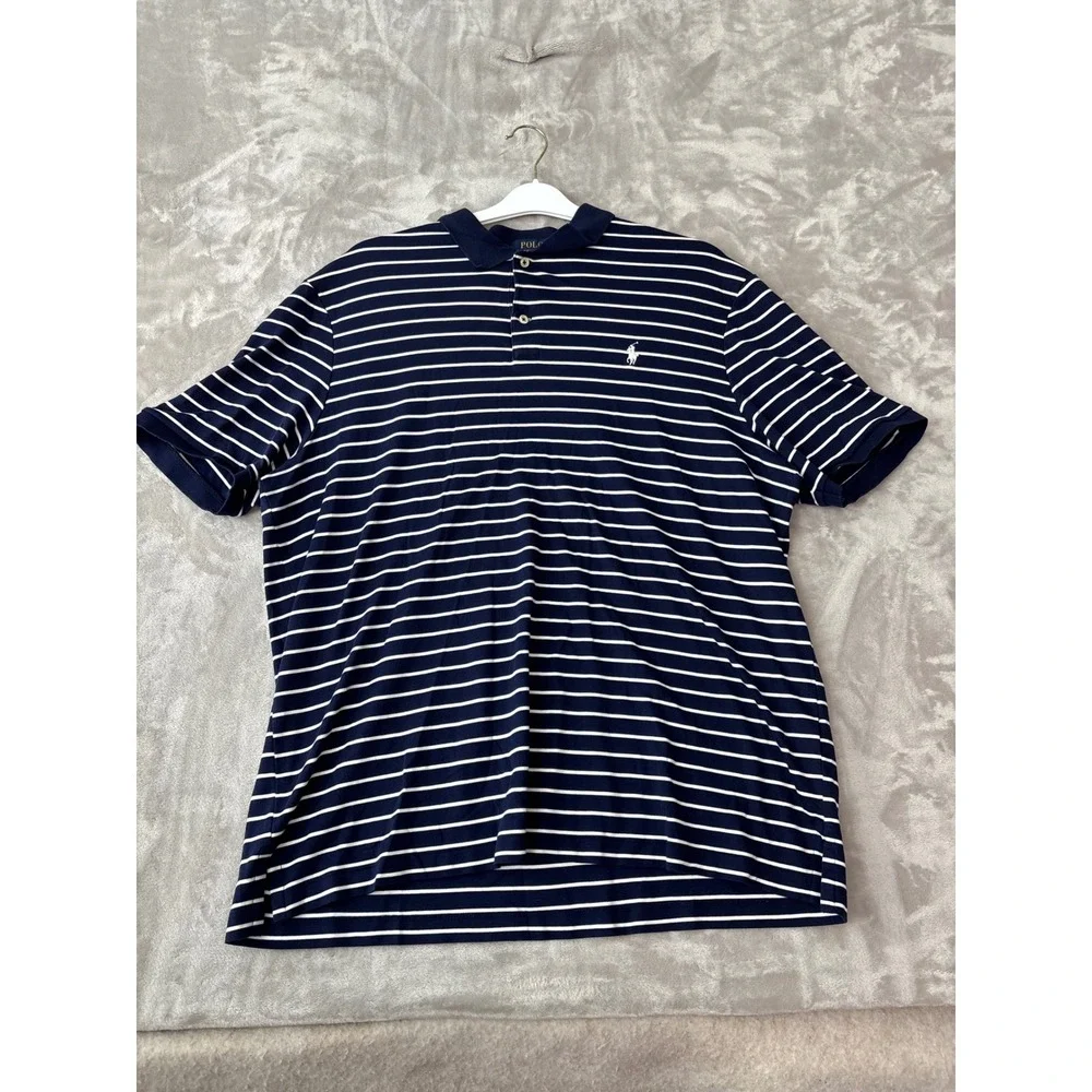 Polo Ralph Lauren Mens XL Pima Soft Touch Striped Polo Shirt Navy Blue White
